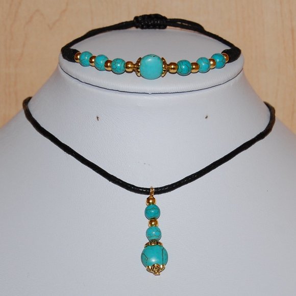 Set 2 Pcs Turquoise Necklace and Bracelet,Blue Necklace and Bracelet Set - Picture 1 of 4